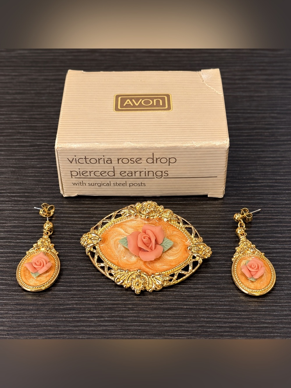 Avon Peach Rose Gold-Tone Drop Earrings and Brooch Set